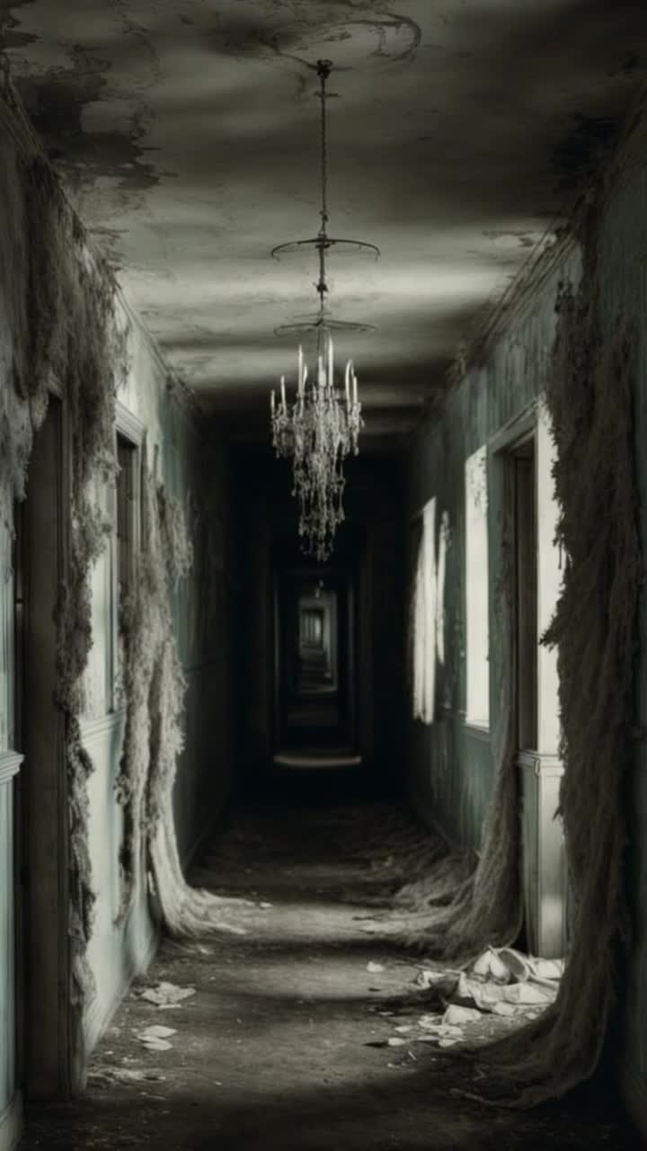 a tattered hallway steeped in decay, lined with faded portraits whose eyes seem to follow you dark shadowy outlines at play blur at the edge of perceptionhands extended, inviting, or warning Light seeps in like memorydim, fractured, and cold