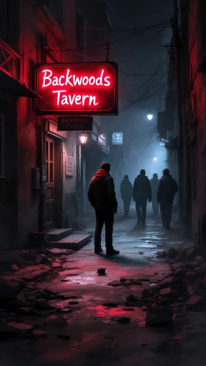 a dark debris filled alleyway there is a man standing in front of a door to the Backwoods tavern, the red neon sign above the tavern is the only illumination for the scene, a small rat scurries forward as more people walk up, Black and White, selective color red, watercolor, thick brush strokes, brush artifacts, 8K