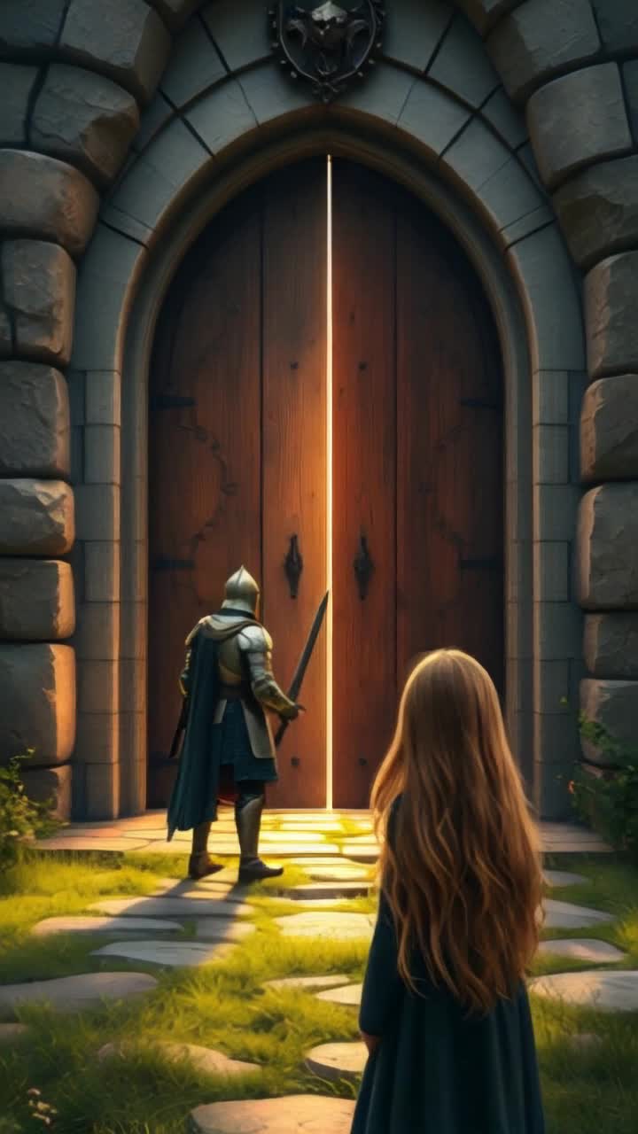 Knight in shining armor maiden in flowing gown step into castle entrance, camera gliding forward gracefully between them cascades of golden light shimmering on their faces, majestic castle towers rise against a vibrant blue sky, misty green hills rolling softly in the background, enchanting atmosphere wrapping around the scene, ethereal glow illuminating their path, anticipation swirling in the air as they embark on an adventure, intricate stonework of the castle glowing warmly, lush trees framing the entrance, a gentle breeze rustling leaves invitingly, magic tangible in every breath
