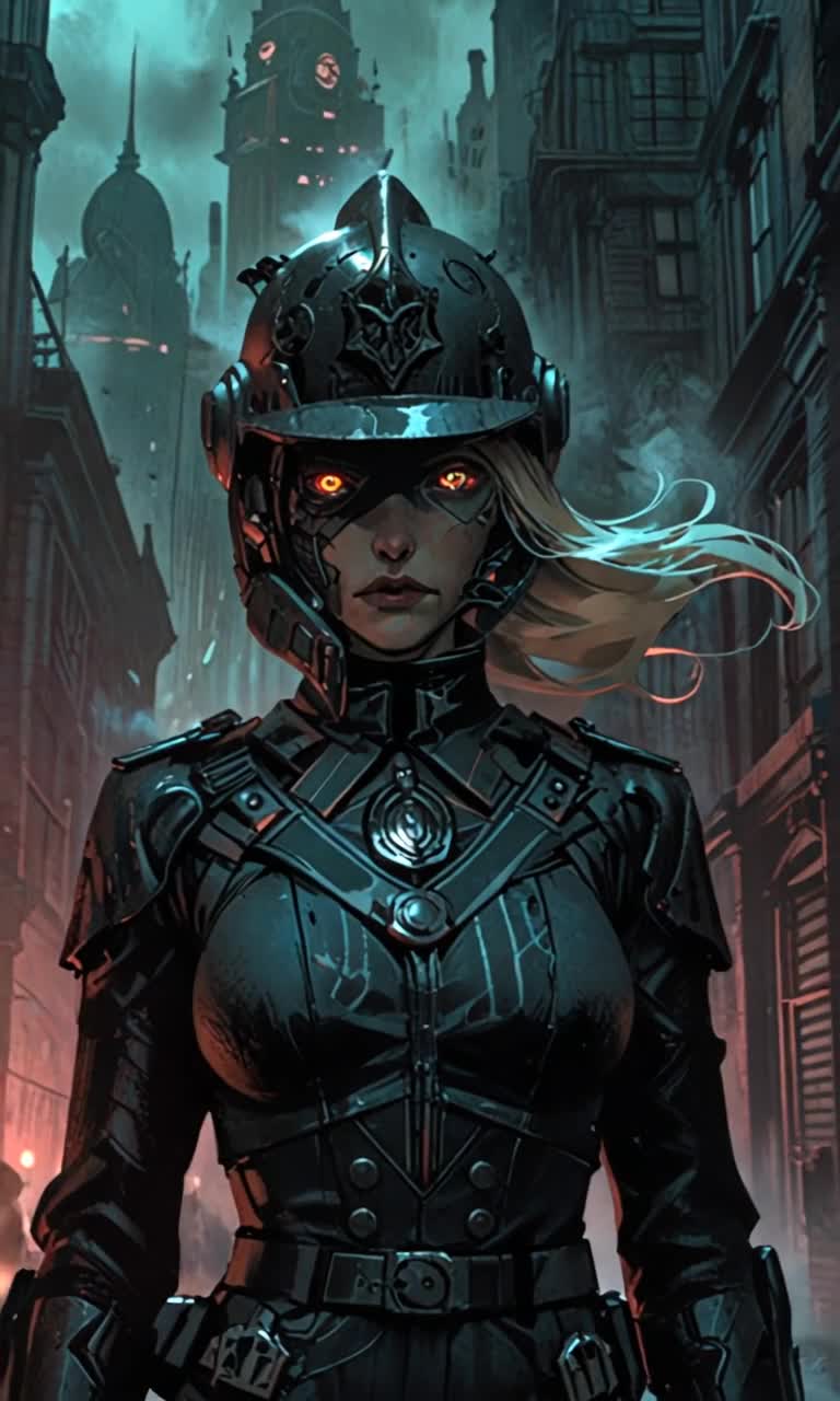 Woman with a determined expression gripping a sleek weapon gliding through dimly lit alleyway shadows caressing brick walls Action stalking a suspect with calculated precision exuding confidence like a predator playing a strategic game Background flickering streetlights casting eerie shadows on wet pavement city sounds echoing in the distance tension building as she silently navigates her environment vibrant colors of neon signs reflecting off puddles creating a surreal atmosphere of suspense