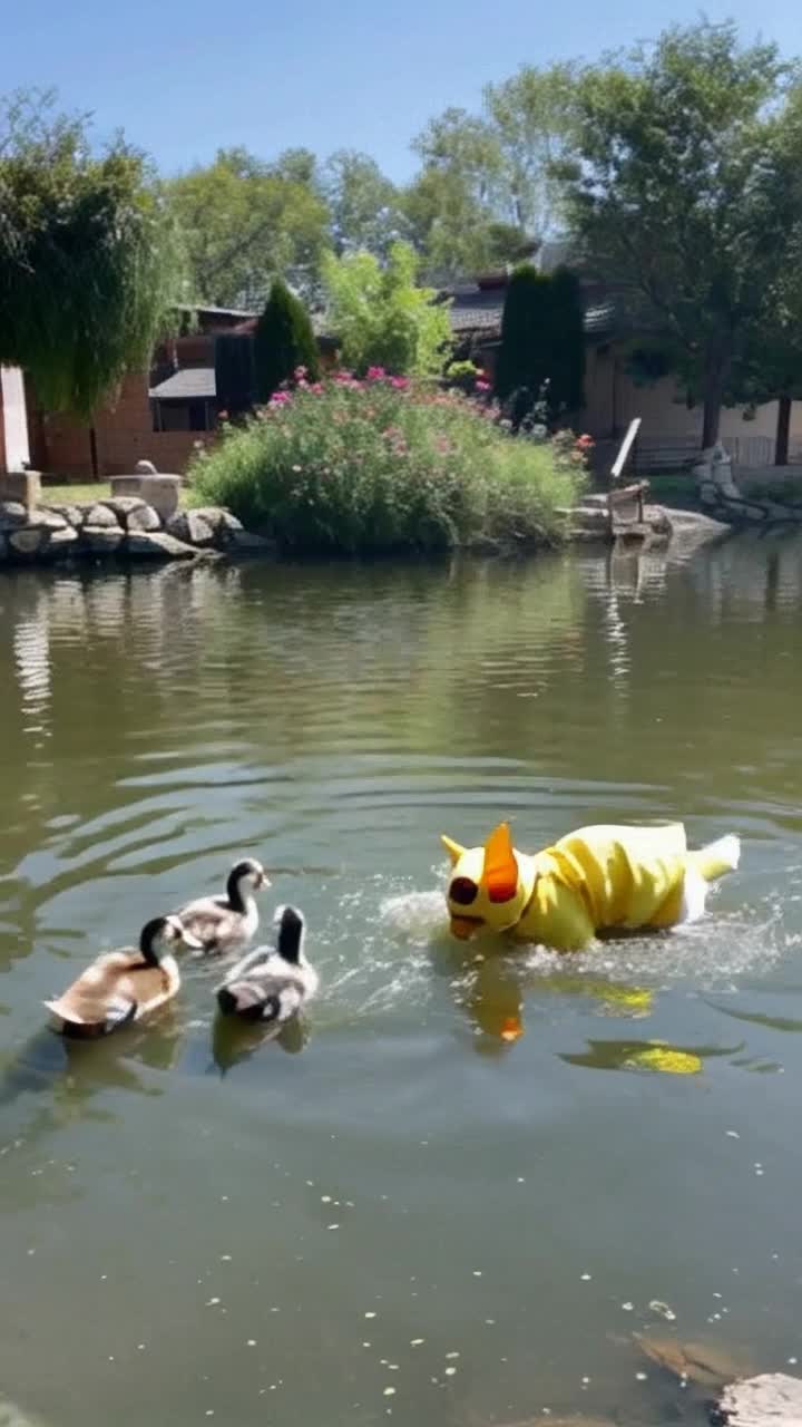 Fluffy feline dressed in vibrant yellow duckling costume frolicking joyfully with an adorable flock of tiny ducklings splashing in a sunlit pond surrounded by blooming flowers and lush greenery reflecting in the water creating a serene and playful atmosphere as warm rays of sunshine dance on the surface of the pond