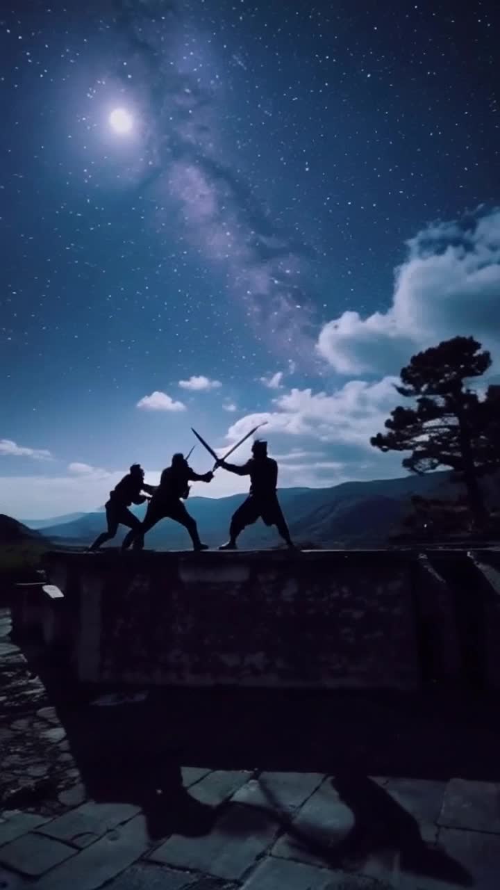 Silhouetted ninjas in dark attire gliding gracefully across a moonlit rooftop with fluid movements sharp swords gleaming softly as they clash with precision engaged in an intense duel. Night sky ablaze with stars casting ethereal light illuminating the serene landscape below. Whispering winds carrying the tension of their battle as shadows dance among ancient trees and distant mountains adding an air of mystery to the scene