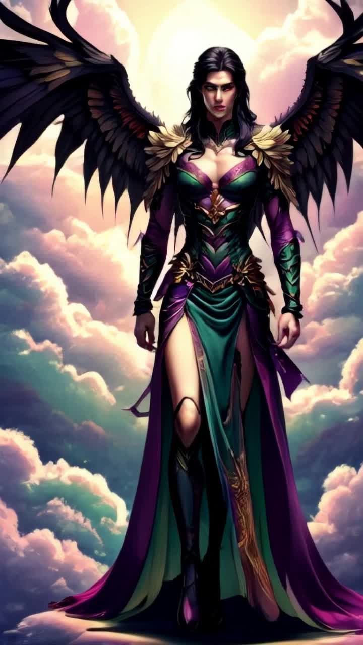 Male fallen angel with striking hazel eyes shimmering between green and gold long black hair styled impeccably confident stance draped in a lavish outfit of dark purple green and violet adorned with intricate gold feather details Majestic black wings adorned with flecks of gold radiating a unique allure exuding an enchanting aura rich in mystery and elegance captivating charm animated in a vibrant 2D style reminiscent of Hazbin Hotel background filled with ethereal clouds glowing softly in hues of twilight illuminating the scene creating a surreal heavenly atmosphere enhancing the angels exquisite presence