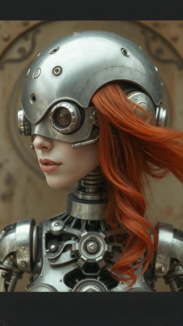 A beautiful red head woman, as a robot, siver metal and working gears visually as her body, she angrily walks, a Tim burton background, she waitresses robotically, at a black and green themed restaurant, serving food as people take advantage of her, shes holding a tray of food