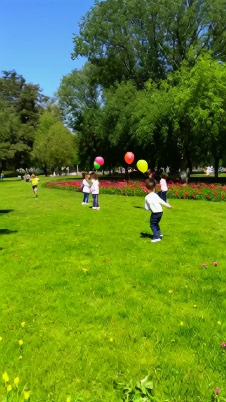 Bouncing colorful balloons rising Playful cheerful children chasing gleefully Lush green park with vibrant flowers under a bright blue sky