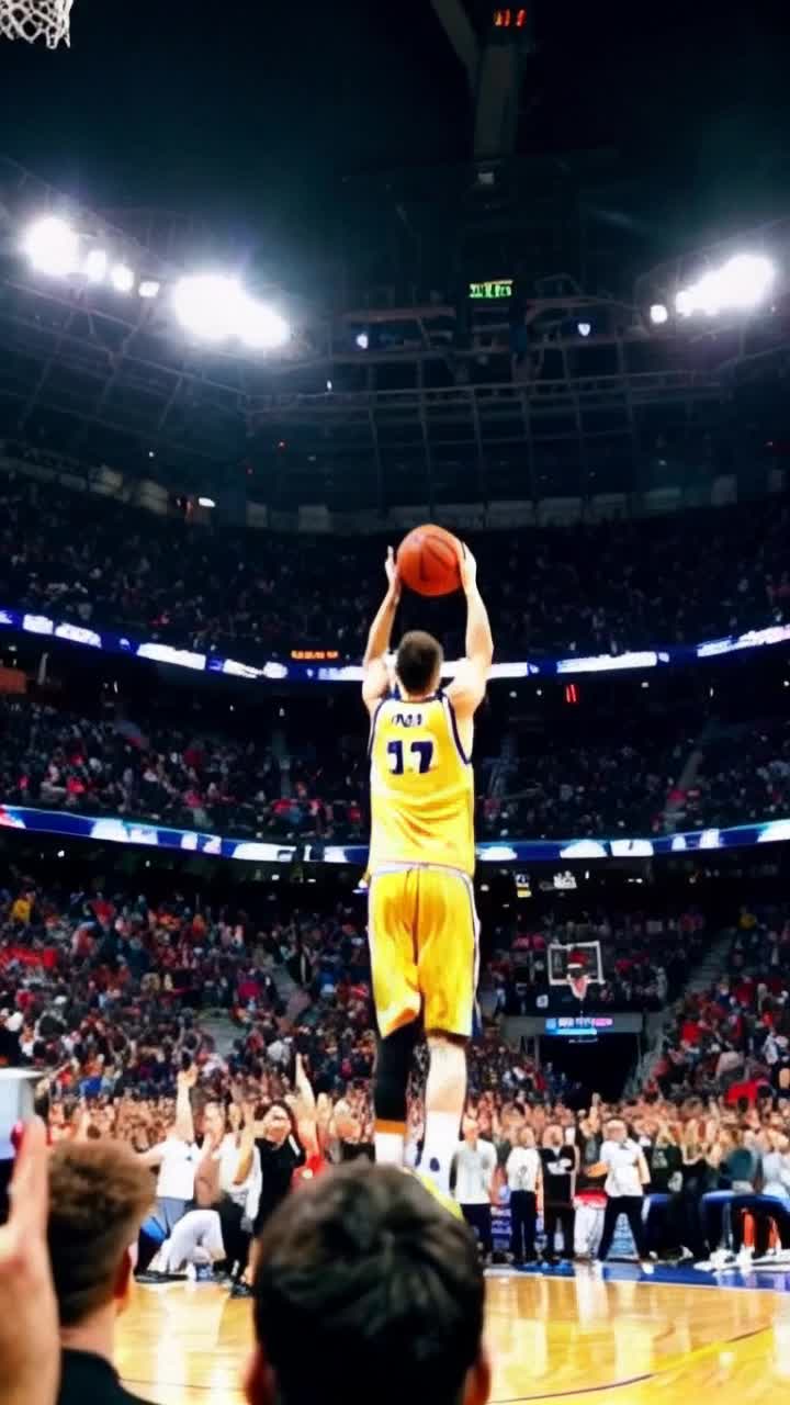 Athletic basketball player soaring through the air executing a powerful slam dunk vibrant jersey billowing dynamic muscles flexing neon court lights illuminating backdrop packed arena buzzing with excitement spectators on their feet capturing the electrifying moment soaring above the rim basketball arcing gracefully filled with anticipation