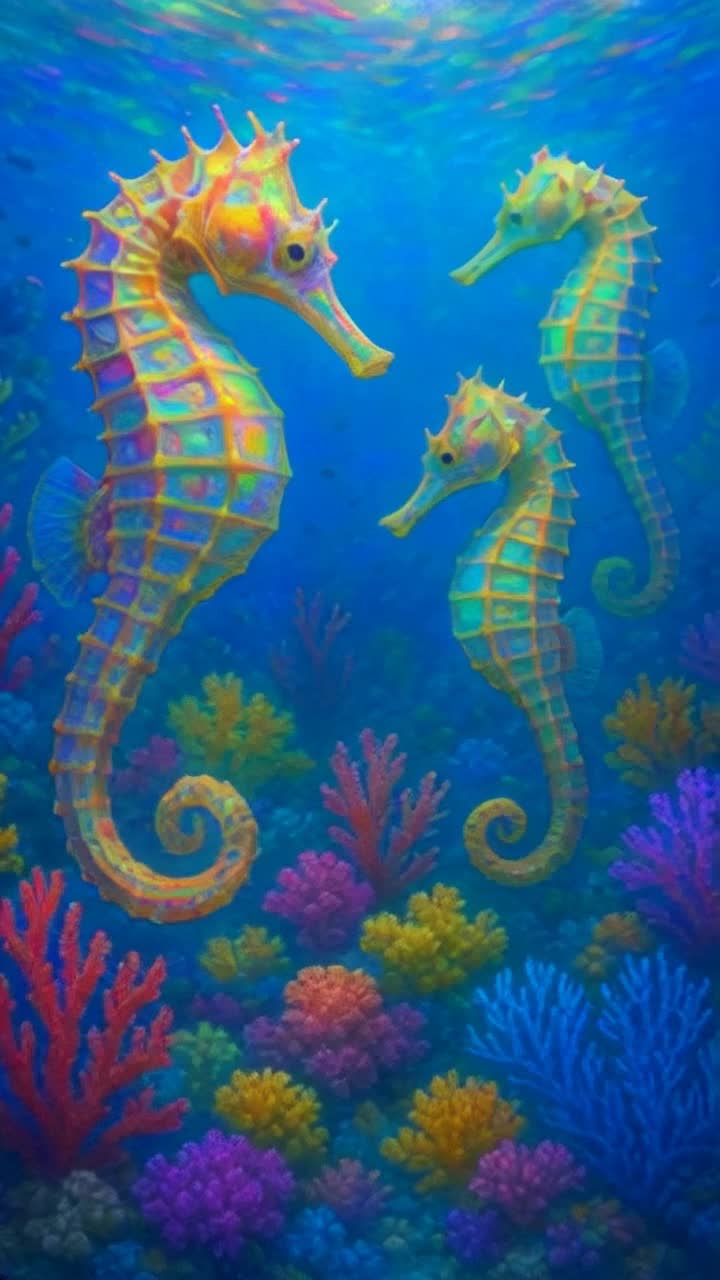 Vibrant iridescent seahorses gracefully twirl through tranquil ocean currents, their delicate tails swirling in harmony Sunlight filters through crystalline waters, casting shimmering patterns on the ocean floor filled with soft coral reefs and swaying sea grass Schools of tiny fish dart in the background, creating a lively dance around these enchanting creatures Each seahorse glimmers with a spectrum of colors, reflecting hues of pink blue green gold as they explore their underwater paradise Bubbles rise to the surface, adding a whimsical touch to this mesmerizing aquatic ballet