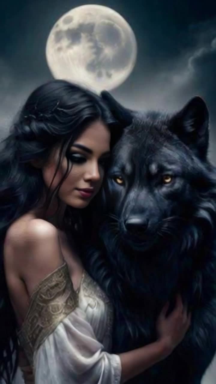 Radiant graceful woman draped in flowing silks accompanied by powerful sleek black wolf by her side gazing into the midnight sky Woman twirls with elegance her hair cascading like shimmering waves as wolf stands tall alert ears perked shimmering in moonlight Enveloping scene set against vast starstudded night canvas illuminated by luminous full moon casting ethereal glow on surrounding misty forest Whispering wind rustles through leaves adding a mystical ambiance to the moment