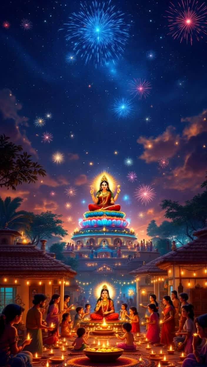 Diwali Mahalaxmi Puja 8K Full HD Quality Highest Regulation High Quality Highest Quality Animation Write an Animated StoryHeres an 8K Full HD quality animated story script for Diwali Mahalaxmi Puja, which you can adapt into a visual animation or film script Diwali Mahalaxmi Puja  Animated StoryThe night sky is ablaze with stars The camera slowly pans down to the glowing earthwhere the entire village is awash in the light of lamps Scene 1 Preparations Every house is adorned with flickering lamps, colorful arches, and rangoli Children are enthusiastically lighting sparklers, women are decorating their plates and chanting mantras  Inside a house, a family bathes the idol of Mahalakshmi and adorns it with red clothes and gold and silver ornaments Scene 2 Mahalakshmis Arrival As the family begins the aarti, the camera zooms in on the idol The idol suddenly comes alive, radiating a glow like sparkling gold Mahalakshmi, seated on a lotus, appears in a soft voice Her four arms show a lotus in one hand, a gold coin in the other, a blessing in the third, and a gesture symbolizing peace in the fourth With her arrival, countless small lamps light up on their own Scene 3 Divine Message Mahalakshmi says, O devotees Diwali is not just a symbol of wealth, but it is a festival of virtue and lightI reside in a clean home, where the lamps of honesty, love, and hard work burn  As she speaks, scenes change on the screen The farmers hard work and the light on his crop A businessman being honest in his work A housewife caring for her family with love and respect Scene 4 Prosperity and Auspiciousness Mahalakshmi blesses the family and showers them with golden coins, but the coins instantly transform into luminous lamps The entire house and village are bathed in lamps A unique fireworks display in the skya sparkle of blue, gold, and red, like 8K quality animation Scene 5 Closing The family says with folded hands, The true Lakshmi is not just wealth, but truth, righteousness, and love Mahalakshmi smiles and disappears into the light of the golden lamp The camera pans upthe entire village is shining in golden light  Finally, a verse appears on the screenDeepjyotirmastu nah shreyaseMay the light of the lamps be for our wellbeing Would you like me to write this story as a complete cinematic script including dialogue, scene directions, and animation details so it can be used directly in an animation project