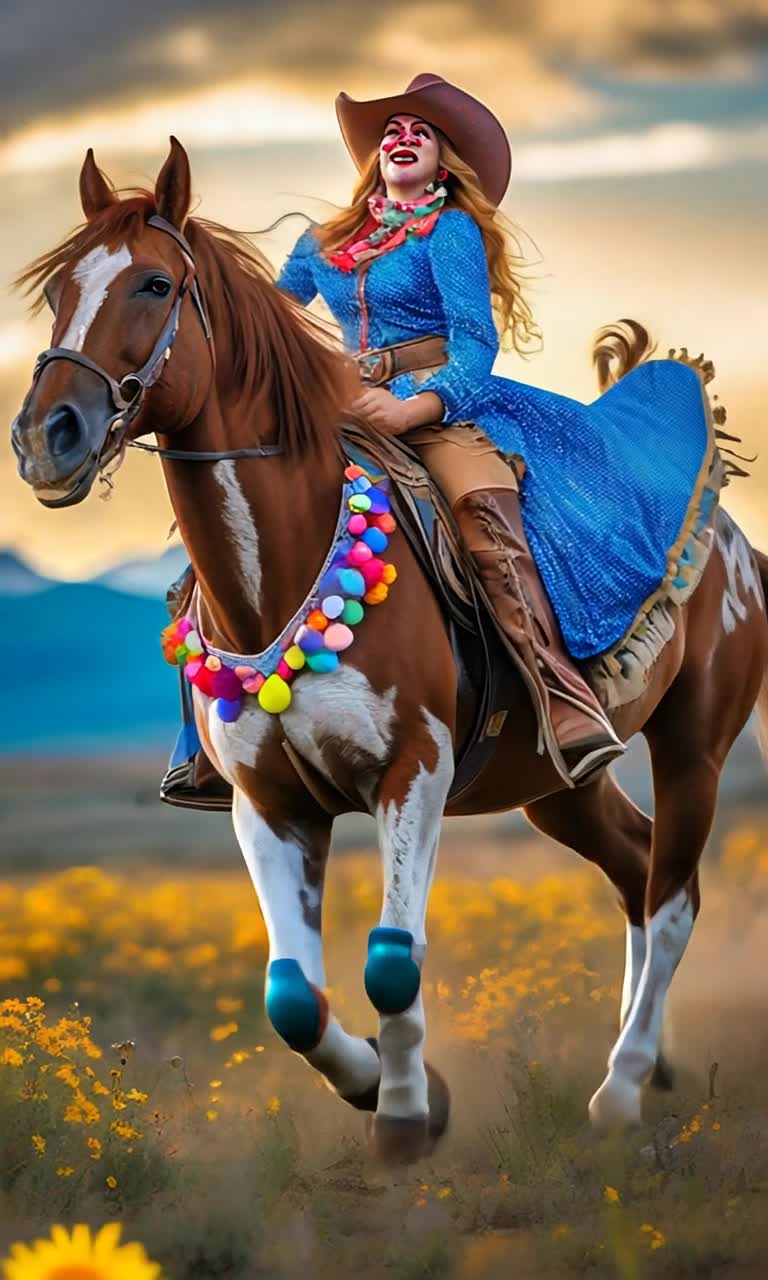 Enchanting cowgirl clown adorned in vibrant Western attire featuring polka dots and sequins radiating charm and whimsical flair galloping on a sturdy horse with flowing mane showcasing effortless confidence captivating onlookers with sparkling eyes and infectious grin under a bright blue sky painted with fluffy white clouds expansive open prairie dotted with wildflowers swaying gently in the breeze creating a lively atmosphere filled with laughter and joy as sunlight filters through the trees casting playful shadows making the scene come alive