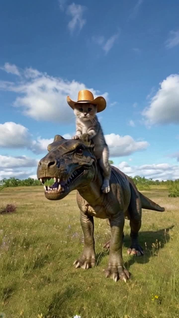 Fluffy orange kitten sporting a tiny cowboy hat perched confidently atop a roaring Tyrannosaurus Rex resembling a gallant steed joyful expression lighting up its face Kitten waves cowboy hat gleefully as they charge forward Vibrant western plains stretching endlessly around them wildflowers swaying in a gentle breeze golden sunlight pouring down vast open sky dotted with fluffy clouds exhilaration radiating from both unlikely companions as they race together through spectacular landscape