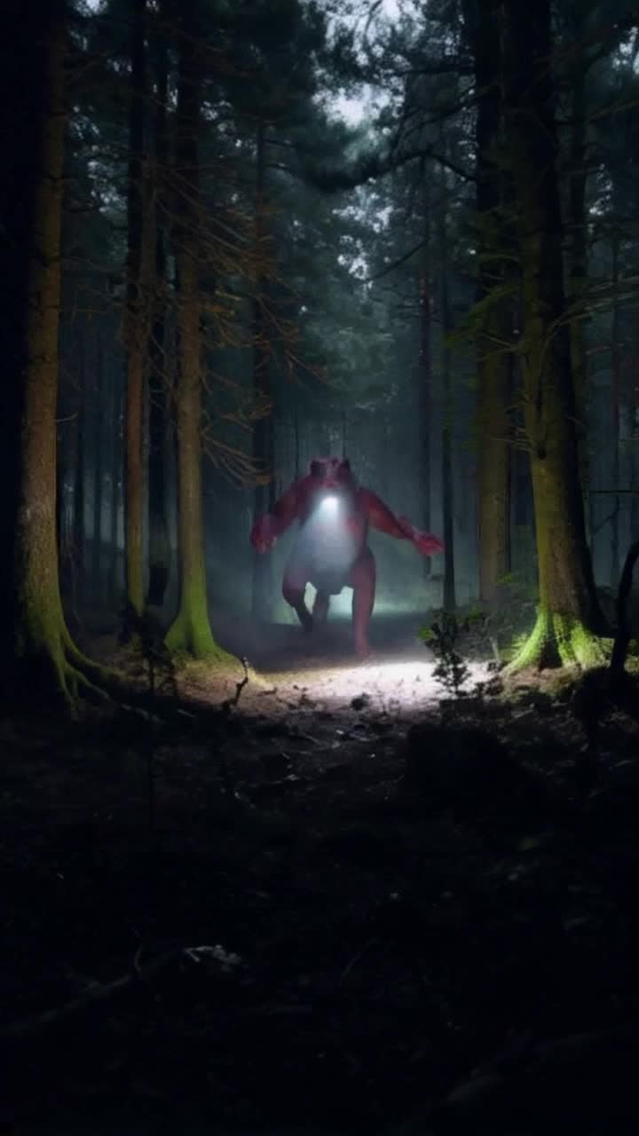 Found footage horror scene, 169 A terrified person runs through a misty forest at night The shaky handheld camera captures flickering flashlight beams and snapping branches Suddenly, a grotesque creature emerges pink, wrinkled humanoid skin, no hair, no arms only tiny stubs, a twitching swollen belly, and disturbingly realistic human feet with toes and ankles It moves like a TRex, screeching with alien rage, stomping and sprinting unnaturally fast It leaps 5 meters into the air, crashing through trees, chasing the cameraman Heavy breathing, distant screams The camera fallsits feet stomp closer Final shriek Cut to black Text appears Hodenkobold  15 Tage alt