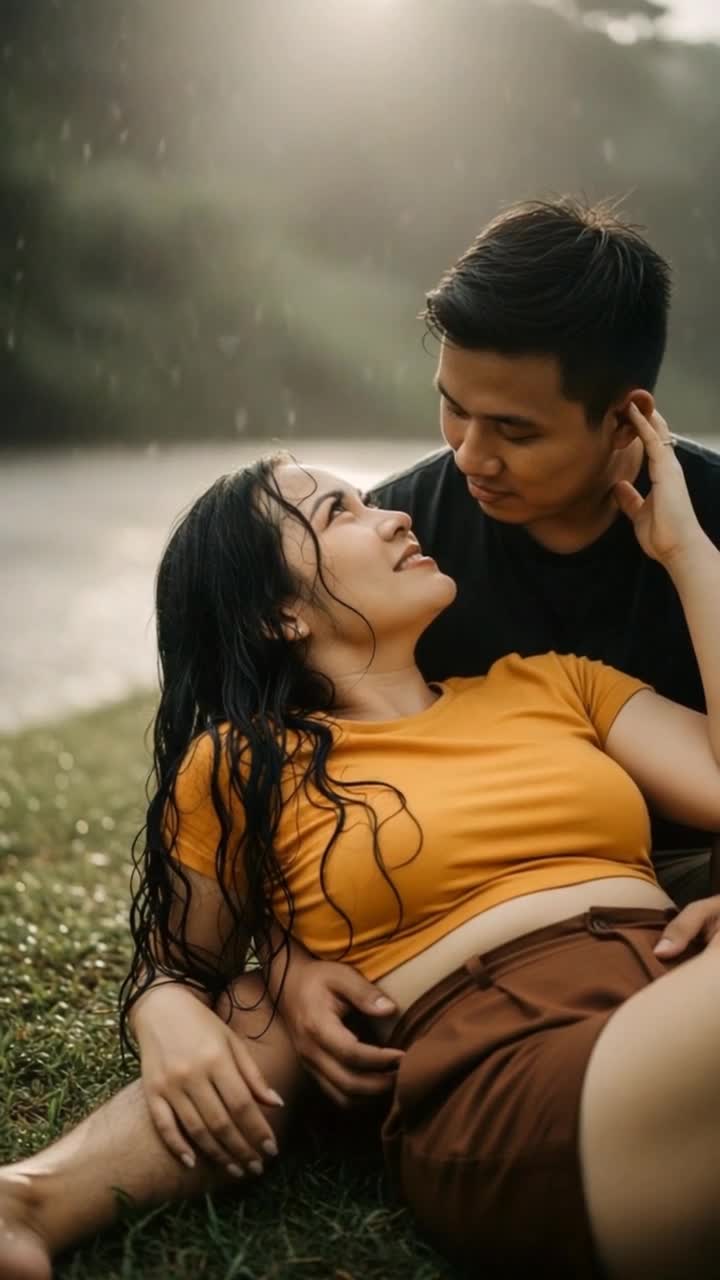 Strong masculine hand gently kneading soft skin of a womans chest with tender care as warmth radiates from their touch Powerful droplets cascade from dark storm clouds creating a symphony of heavy rain splashing onto the ground reflective puddles forming around them glistening like diamonds in the dim light while distant thunder rumbles adding tension to the intimate moment
