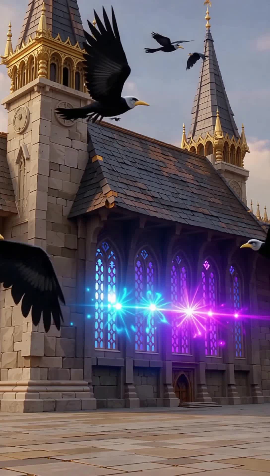 Temple of Odin ravens flying magical lights 