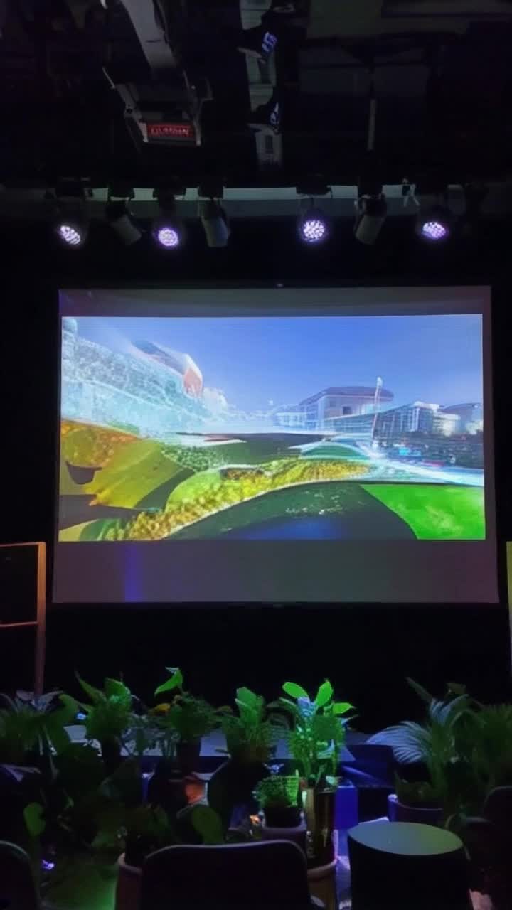 colorful PowerPoint slides dancing across the screen spinning and zooming in mesmerizing patterns glowing office space filled with plants and dynamic lighting