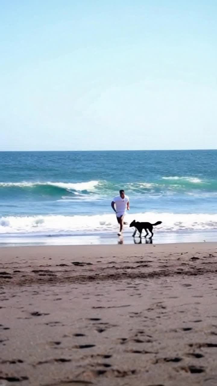 Hombre corriendo en el mar junto a su perro