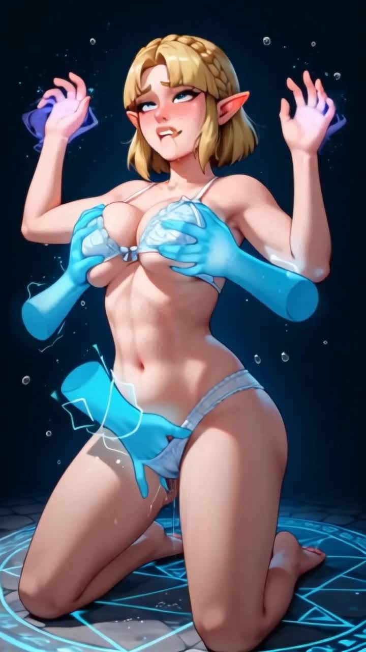 a beautiful woman Zelda using a magical spell to control multiple magical disembodied floating glowing hands that are grabbing her squishy chest holding her and stimulating her, moaning 