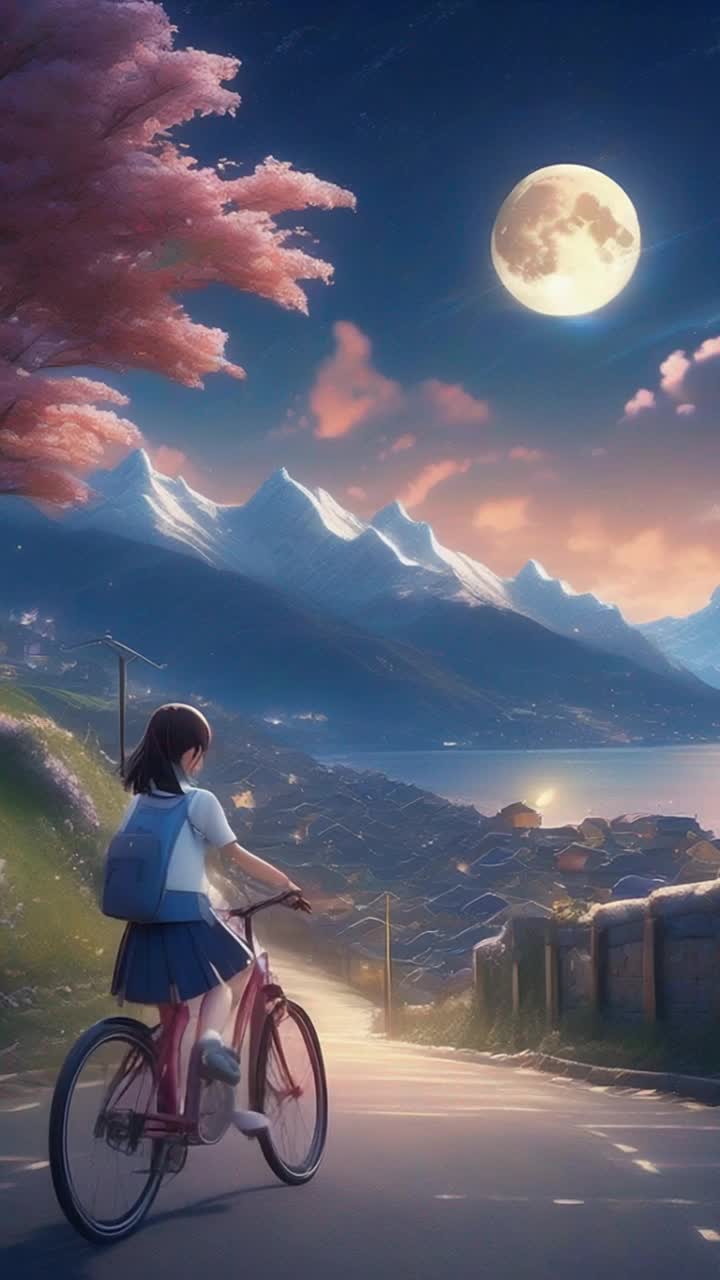 A girl in a school uniform rides her bicycle along the mountain road, with houses and flowers under a starry sky The moon shines brightly on the scene In front of her is an endless blue sea, while behind her back there are snowcapped mountains, creating a beautiful animeinspired landscape The image has high resolution and detailed elements