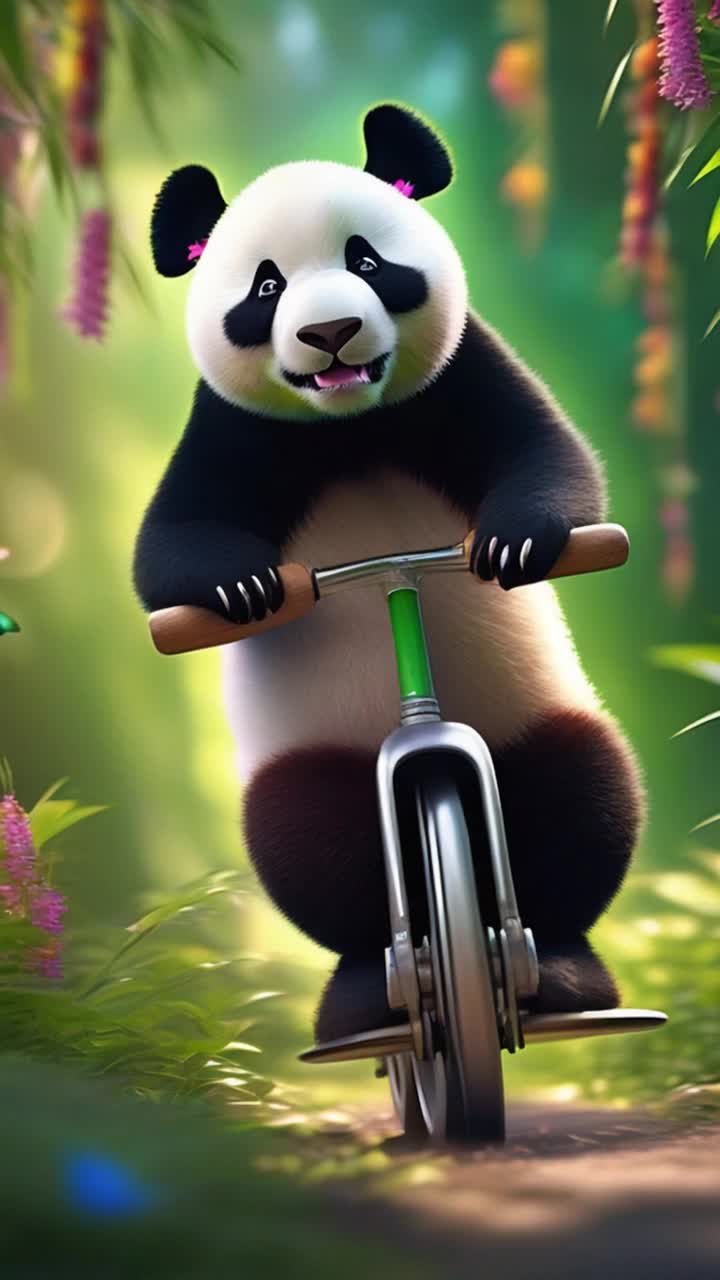 Fluffy panda balancing gracefully on a shiny unicycle Joyfully pedaling forward with playful determination Vibrant green bamboo forest thriving under dappled sunlight lush leaves swaying in a gentle breeze birds chirping in harmony colorful butterflies dancing around bright patches of wildflowers sprinkling warmth across the scene