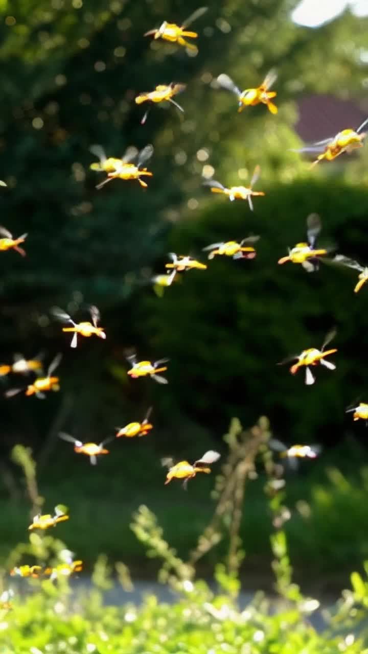 Swarm of brightly colored mosquito drones gracefully buzzing in the air, demonstrates nanotechnology in action shimmering in the sunlight surrounded by lush green foliage reflects a futuristic world