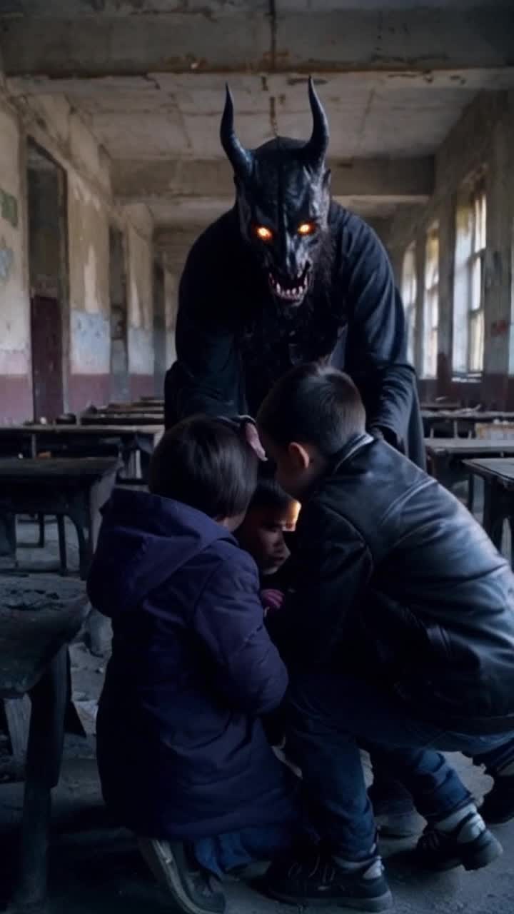 Mysterious dark figure of a demon looming over terrified children huddled together in fear Eyes glowing with sinister intent reaching out towards them Shadows flickering in a dimly lit abandoned school filled with broken desks peeling wallpaper echoes of distant whispers unsettling atmosphere