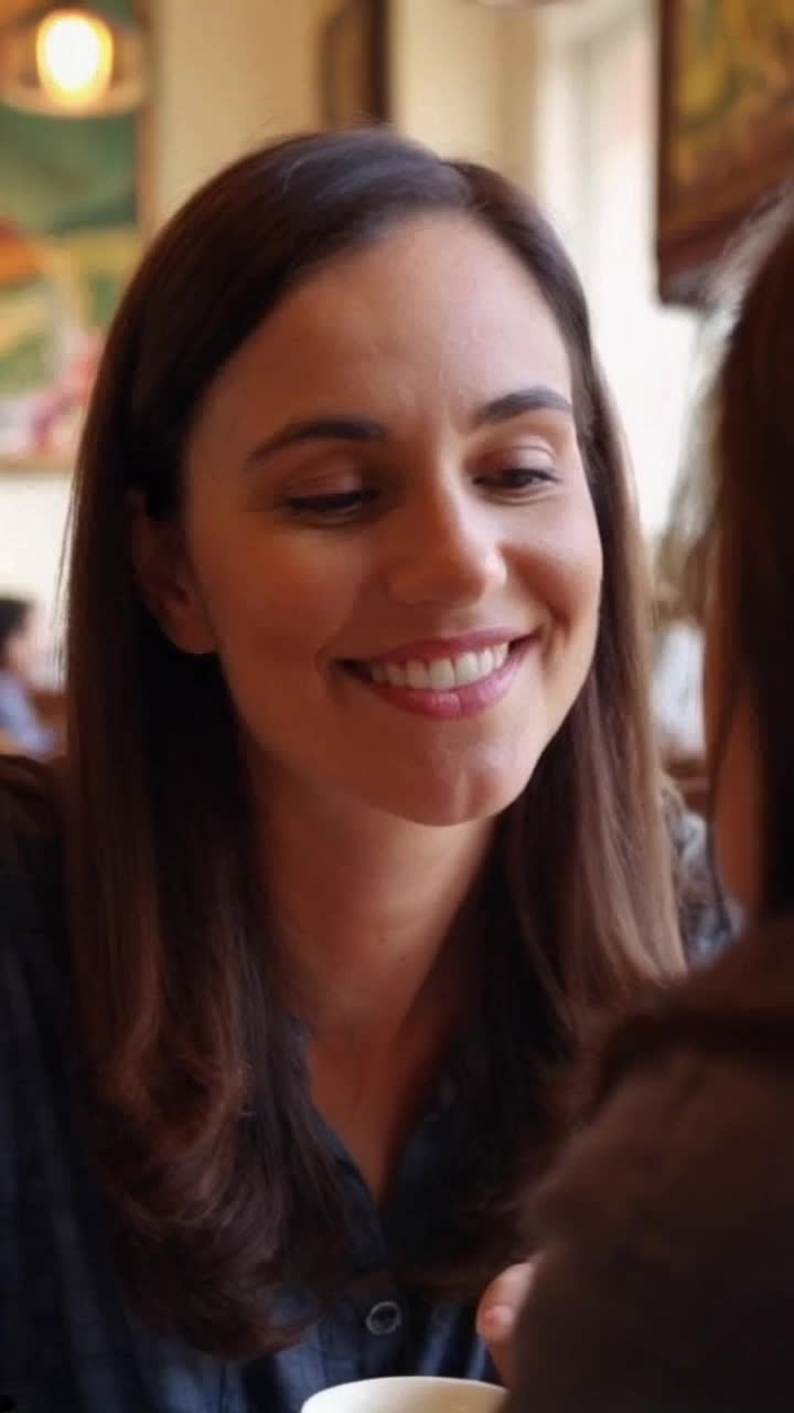Charming individual with a warm smile engaging in conversation Excitedly expressing interest in deeper connection Vibrant caf filled with colorful artwork cozy seating natural light streaming through windows