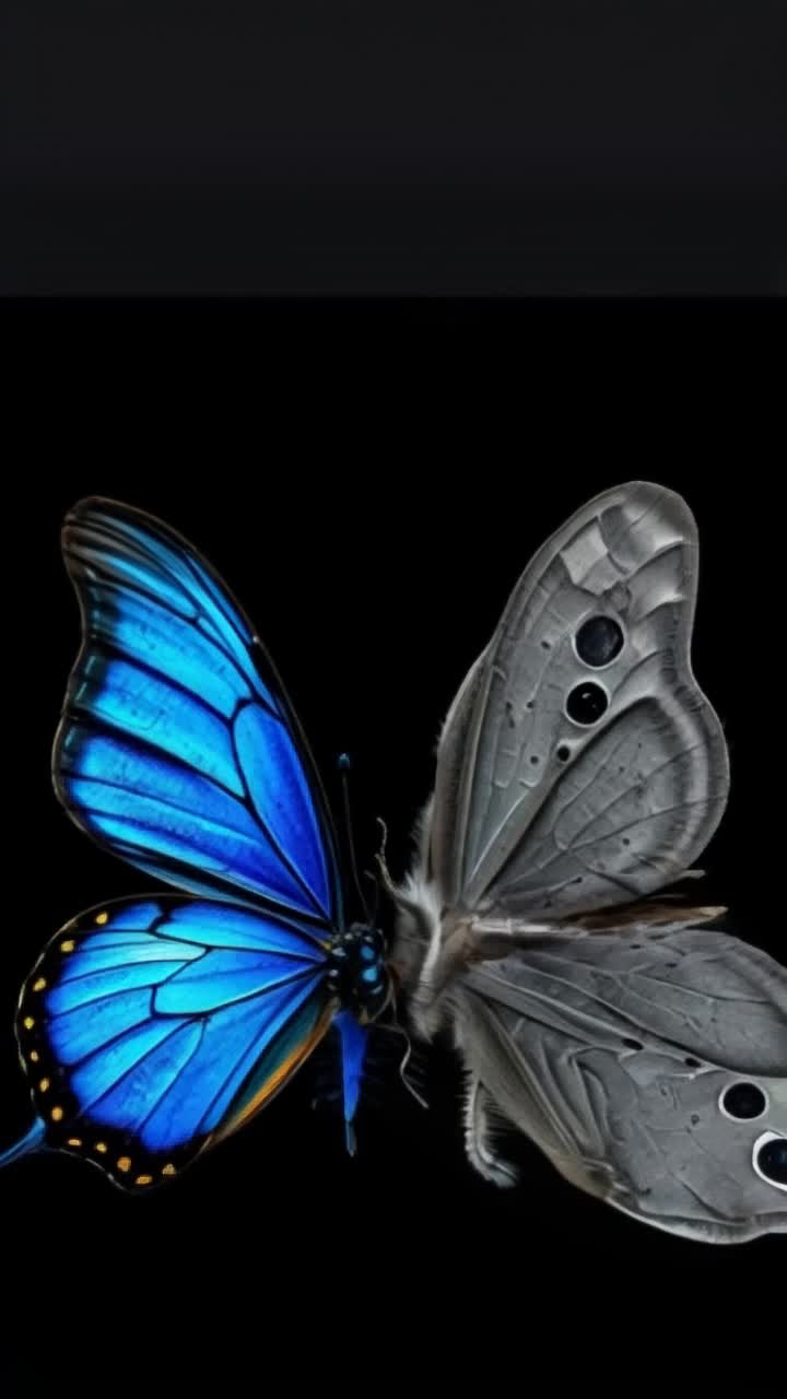 split screen into 2 sides, one side night, one side day, the day side has a beautiful blue butterfly rising up, the other side has a dirty grey moth flying down, they are both mirroring each other, they represent the complete opposite of eachother, 