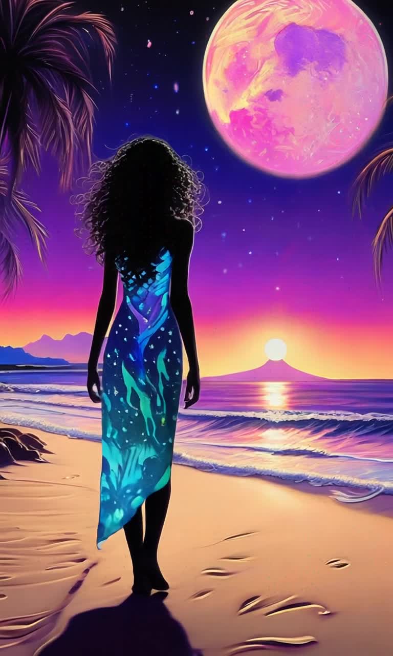Goth girl with medium curly wavy hair vibrant delicate beach dress elongated features starlit beauty  Glides gracefully along exotic Hawaiian beach night luminous footprints create glowing bioluminescent imprints  Surreal landscape filled with colorful palm trees softly glowing vibrant hues silhouette of a distant volcano slowly erupting against a sky blanketed in amazing stars crescent moon shines radiant illuminating glossy porcelain backdrop encapsulating microcolor splashes depth vibrancy of scene