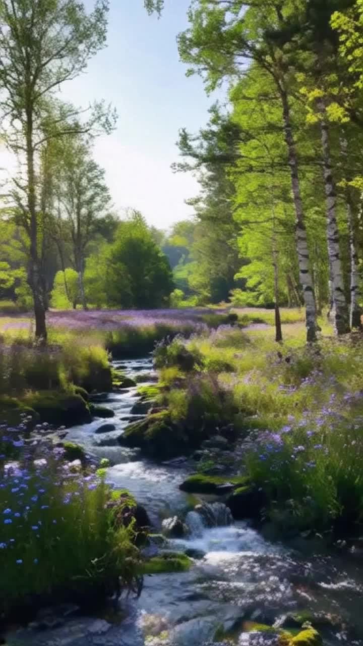Vibrant large bright blue purple butterflies dancing elegantly above radiant wildflowers swaying softly in a gentle breeze Sparkling stream rushing playfully through lush greenery Whispering sunlight casting enchanting patterns on ancient birch trees creating mesmerizing shadows on soft mossy carpet Lush velvet moss covering woodland floor inviting curiosity into serene natural paradise Butterflies landing lightly on vivid petals crafting intimate moments of beauty within calm forest Retreating greenery surrounding observers in a soothing embrace of nature Melodic whispers of flowing water enriching the atmosphere with tranquility and harmony in this idyllic haven