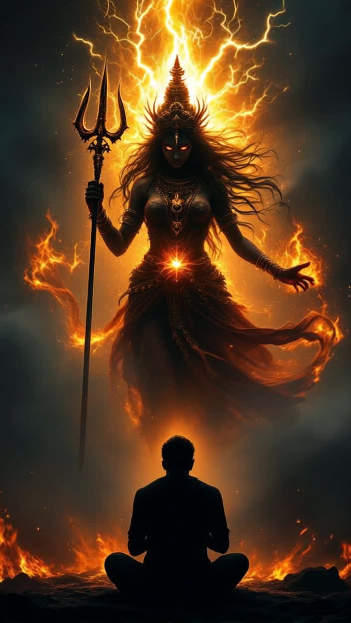 Devotee shrouded in shadows, eyes filled with despair, surrounded by swirling dark smoke, slowly folding hands in prayer Intense plea for protection echoes in silence Darkness thickens, tension rises Lightning bursts through gloom, illuminating fierce form of Mother Kaalratri with deep black complexion and fiery eyes She emerges with fierce grace, powerful aura radiating, trident and sword ablaze, earth trembling beneath each step Negative forces shatter with each strike, smoke disperses, dynamic lighting and action swirl around her Devotee awakens to newfound clarity, light enveloping him as Kaalratri blesses, a divine embrace of strength and affection1 views  Sep 24, 2025KKripashankar MishraDevotee shrouded in shadows, eyes filled with despair, surrounded by swirling dark smoke, slowly folding hands in prayer Intense plea for protection echoes in silence Darkness thickens, tension rises Lightning bursts through gloom, illuminating fierce form of Mother Kaalratri with deep black complexion and fiery eyes She emerges with fierce grace, powerful aura radiating, trident and sword ablaze, earth trembling beneath each step Negative forces shatter with each strike, smoke disperses, dynamic lighting and action swirl around her Devotee awakens to newfound clarity, light enveloping him as Kaalratri blesses, a divine embrace of strength and affectionFPS8Resolution916Model stylePhotorealismModel generatorKlingTypeText to clipCreate500K