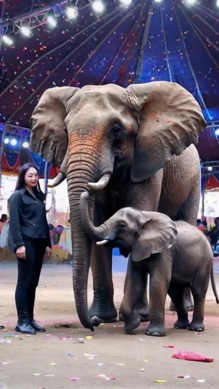 A majestic elephant towering over a curious baby elephant standing close by two humans filled with wonder gazing in awe at the scene unfolding before them forming a circle of spectators Action as the towering figure gently lowers its trunk reaching out towards the tiny creature while the humans whisper in amazement Background a vibrant circus tent surrounding them filled with colorful lights the sounds of laughter and excitement echoing while confetti drifts softly through the air creating a magical atmosphere showcasing an extraordinary connection amidst the lively chaos