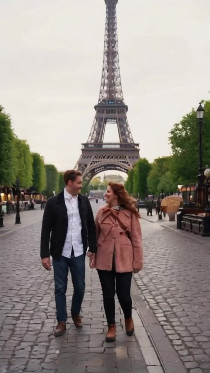 Daring couple adorned in vibrant vintage fashion with playful accessories twirling in each others arms beneath a colorful Parisian sky Radiant smiles illuminating their faces capturing the joy of love as the Eiffel Tower looms in the distance lush green trees lining the charming cobblestone streets framed by quaint cafes with softly glowing lights adding warmth to the nostalgic atmosphere