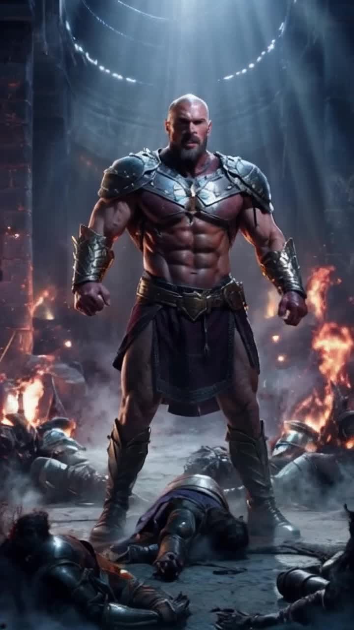 Muscular hero adorned in battle-worn armor standing triumphant with one arm flexed under soft glowing lights illuminating victorious expression around enemies lying defeated on ground beneath him Radiant energy pulsating in atmosphere enhancing mood of victory surrounded by shadows of past battles whispering tales of bravery