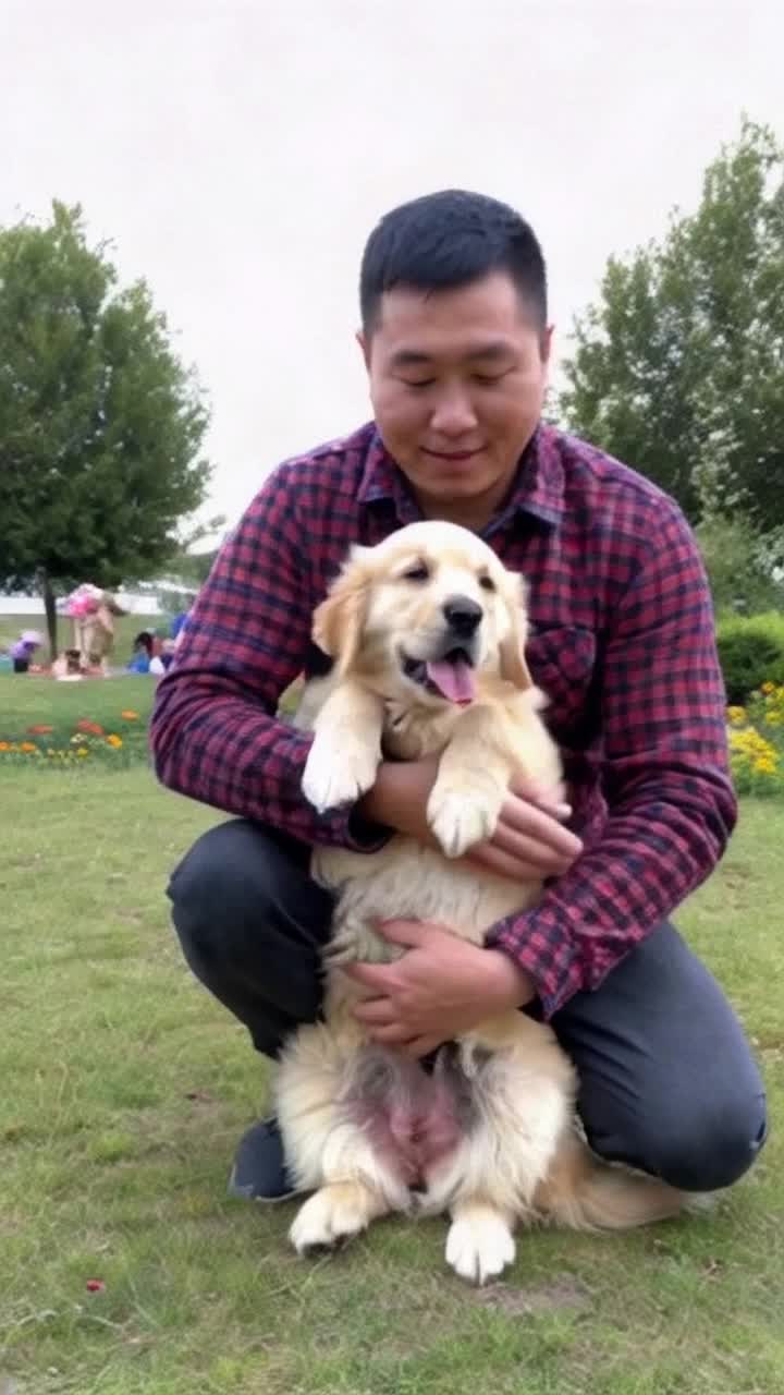 Gentleman wearing a cozy flannel shirt kneeling down tenderly with a golden retriever puppy wagging its tail excitedly beside him Playful sunlight filtering through lush green trees in a vibrant park filled with blooming flowers and children laughing in the distance
