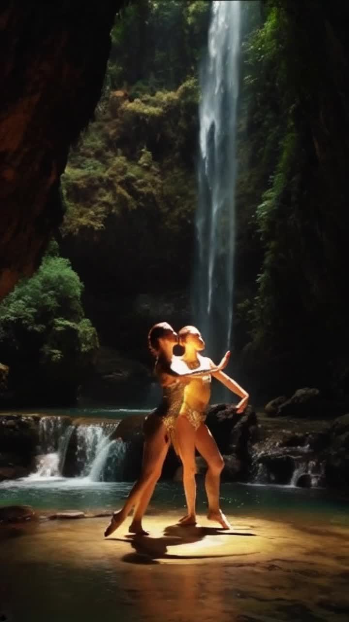 Two elegant dancers adorned with shimmering body paint gracefully move under a cascade of soft golden light radiant beams shifting across their forms Fluid movements create an enchanting rhythm captivating the viewers gaze Behind them a dreamy ethereal landscape filled with lush greenery and cascading waterfalls evokes a sense of serenity inviting exploration of a hidden paradise bathed in twilight hues