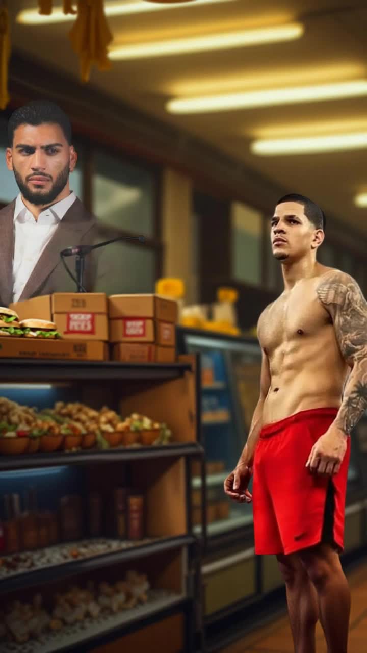Deli clerk serves the guy in the red shorts a sandwich 