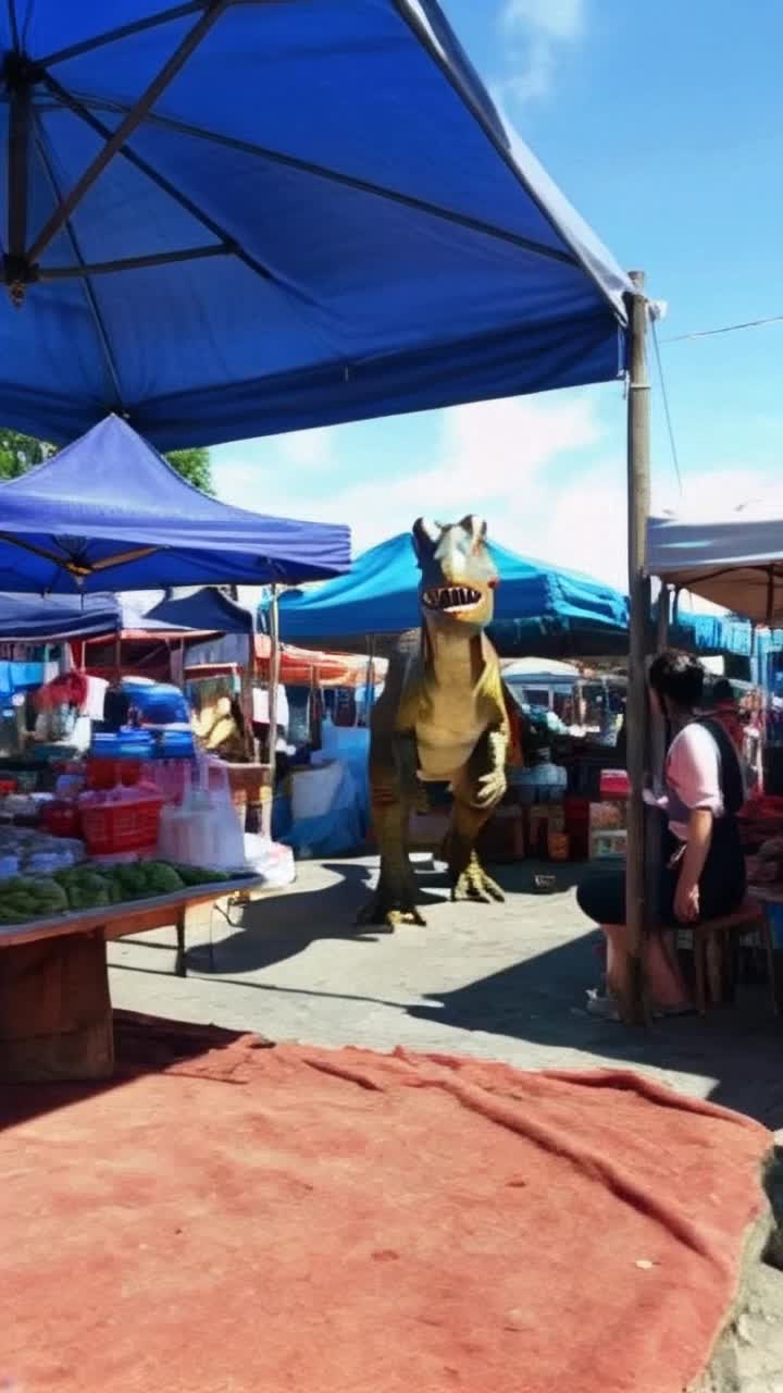 A dianasour vlogging in market and talking with vendors 30 second video 
