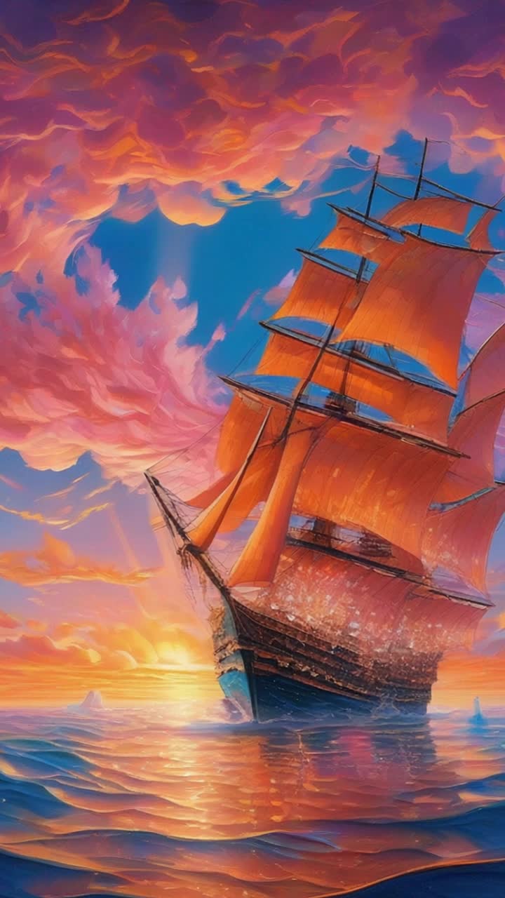 Majestic ship adorned with intricate carvings billowing sails catching the evening breeze gliding smoothly across cerulean waves with graceful speed glimmering sunlight igniting the waters surface like scattered jewels beneath a breathtaking sky painted in vibrant hues of orange and pink as sun melts into horizon creating a dreamlike atmosphere where time seems suspended shimmering reflections dance playfully on water inviting all who witness to become entranced by this enchanting maritime spectacle