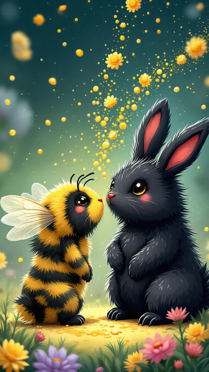 An adorable fat and fluffy bumblebee sprinkles golden pollen over the shiny black nose of an adorable fluffy black bunny that amazingly spreads open cute fluffy wings as the bunny sneezes, turning into a giant rabbit like dragon and the cute fat fluffy bumblebee flutters away