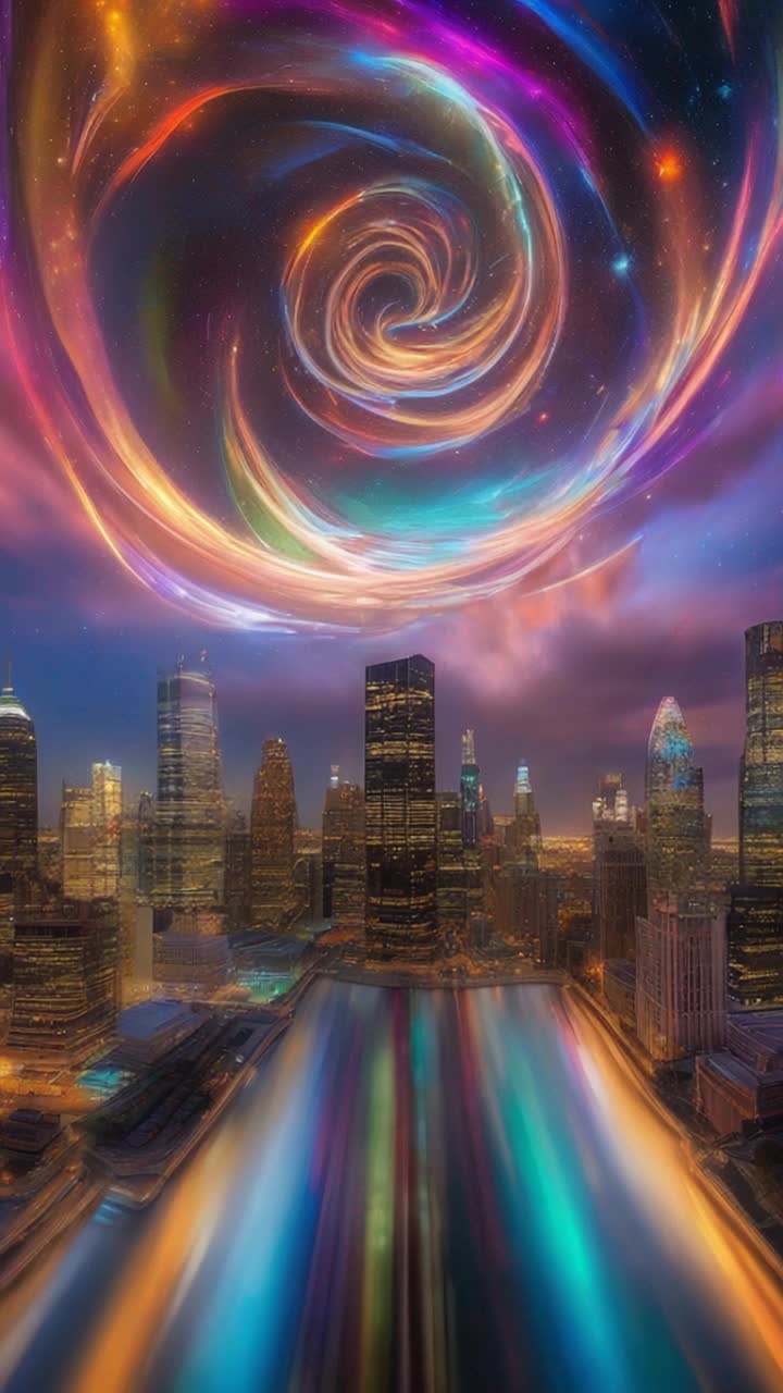 Vibrant orbs radiating pulsating colors swirl elegantly above Austins skyline, darting playfully between soft, billowing clouds These luminescent spheres weave a mesmerizing dance, casting colorful reflections on the shimmering city lights below A vast starstudded canopy twinkles, revealing intricate constellations, while a silvery moon bathes serene neighborhoods in a gentle glow Shadows softly lengthen on the rooftops, and distant sounds of laughter and music float through the warm night air Each orb glides gracefully, creating a surreal harmony between nature and urban life, enchanting all who gaze upward into the dazzling spectacle above