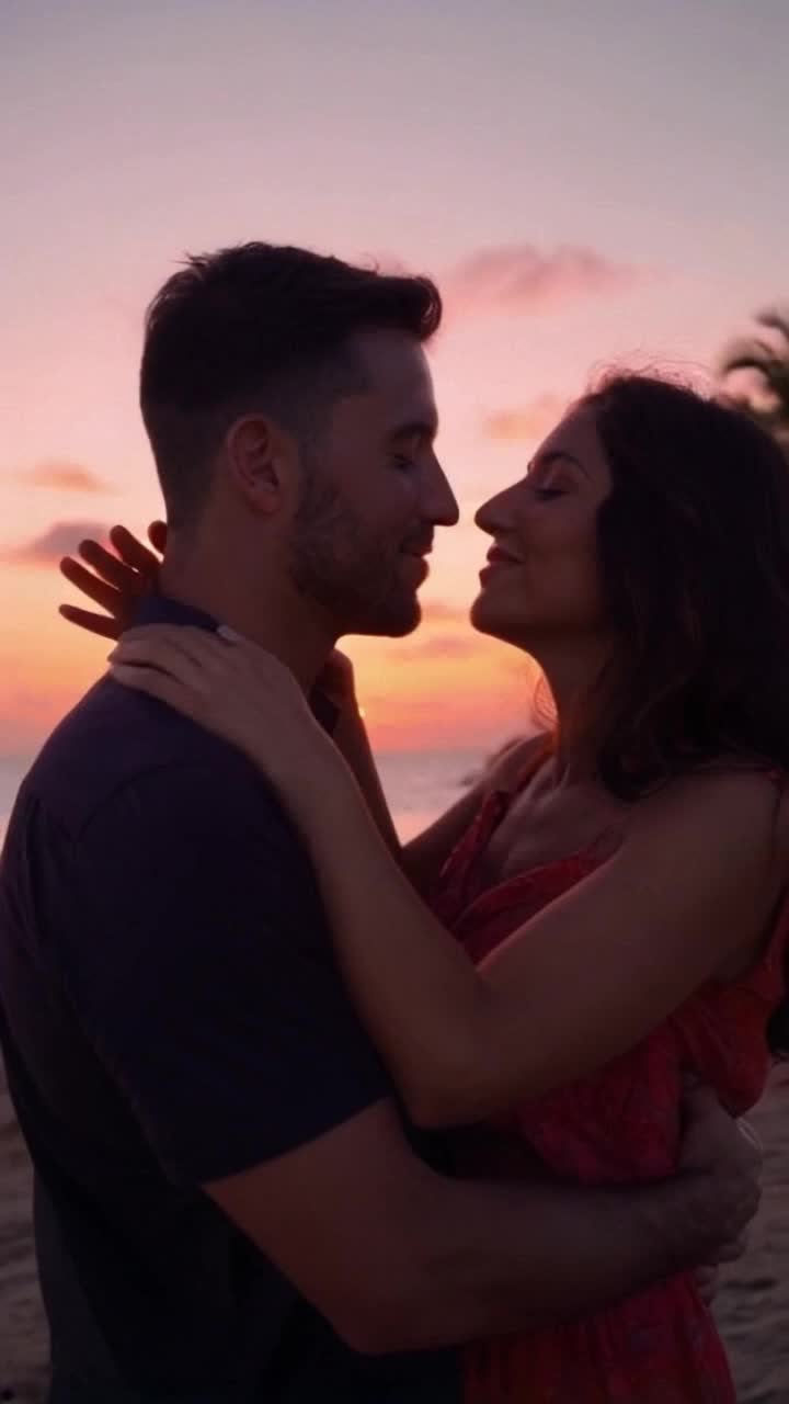 Two lovers lost in each others embrace sharing a tender kiss gazes filled with affection surrounded by a sunset sky painting hues of orange and pink soft waves lapping at the shore creating a serene melody delicate breeze rustling through nearby palm trees capturing an intimate moment full of warmth and connection inviting viewers into a world of romance and passion