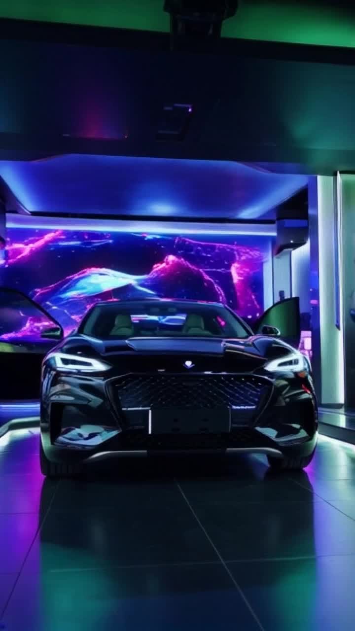 Sleek black Tesla gleaming under bright lights mesmerizing viewers with its futuristic design Seamlessly transforms with flickering energy into a stylish Xbox console Surrounded by an ultramodern gaming room pulsating with neon colors and hightech gadgets showcasing vibrant visuals on a massive screen creating an immersive atmosphere filled with excitement