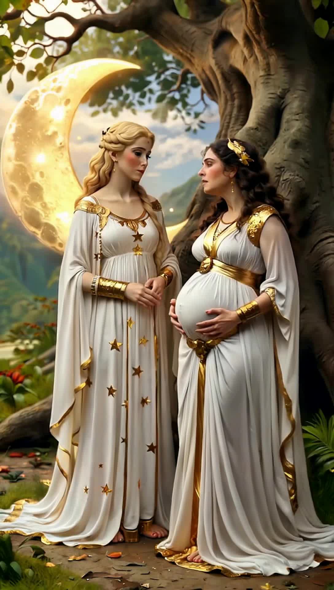 a expectant mother in pain in ancient greek next to selene the greek moon goddess