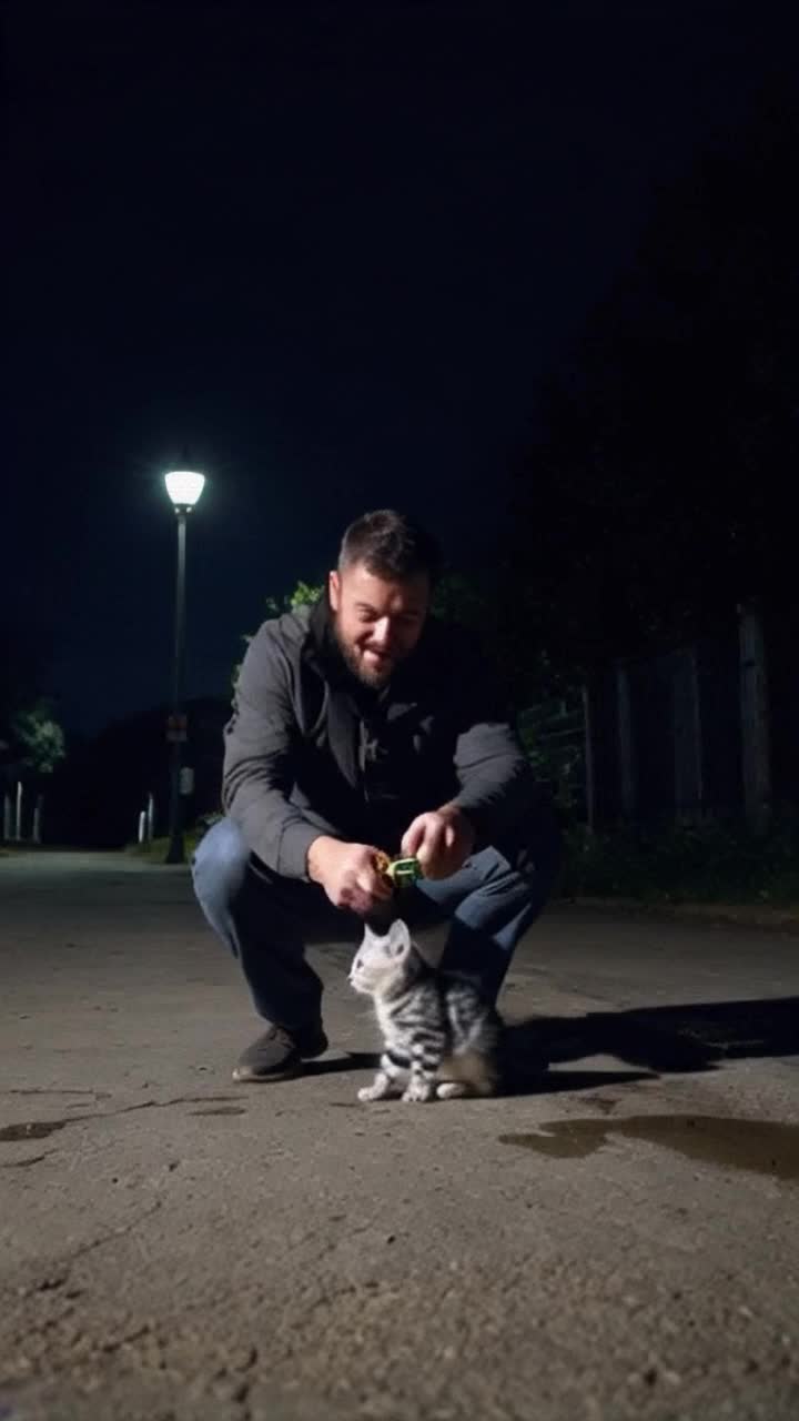 Sinister man with a cruel grin looming over terrified tiny kitten trembling in fear Menacingly unscrews can of gasoline dripping liquid glinting under pale streetlight Pouring gasoline creating ominous puddles on cracked pavement surrounded by shadowy alley walls