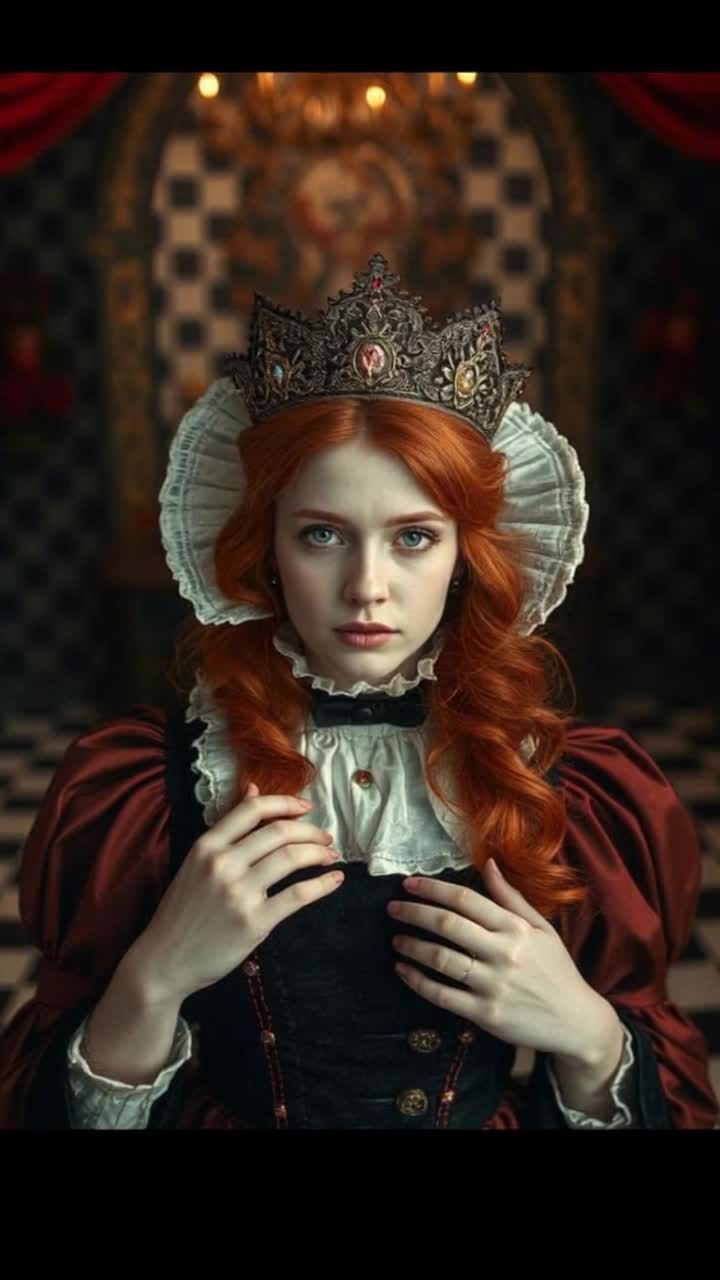 Beautiful red head woman, a queen with a stern gaze as she looks down and up again into camera conveying honor