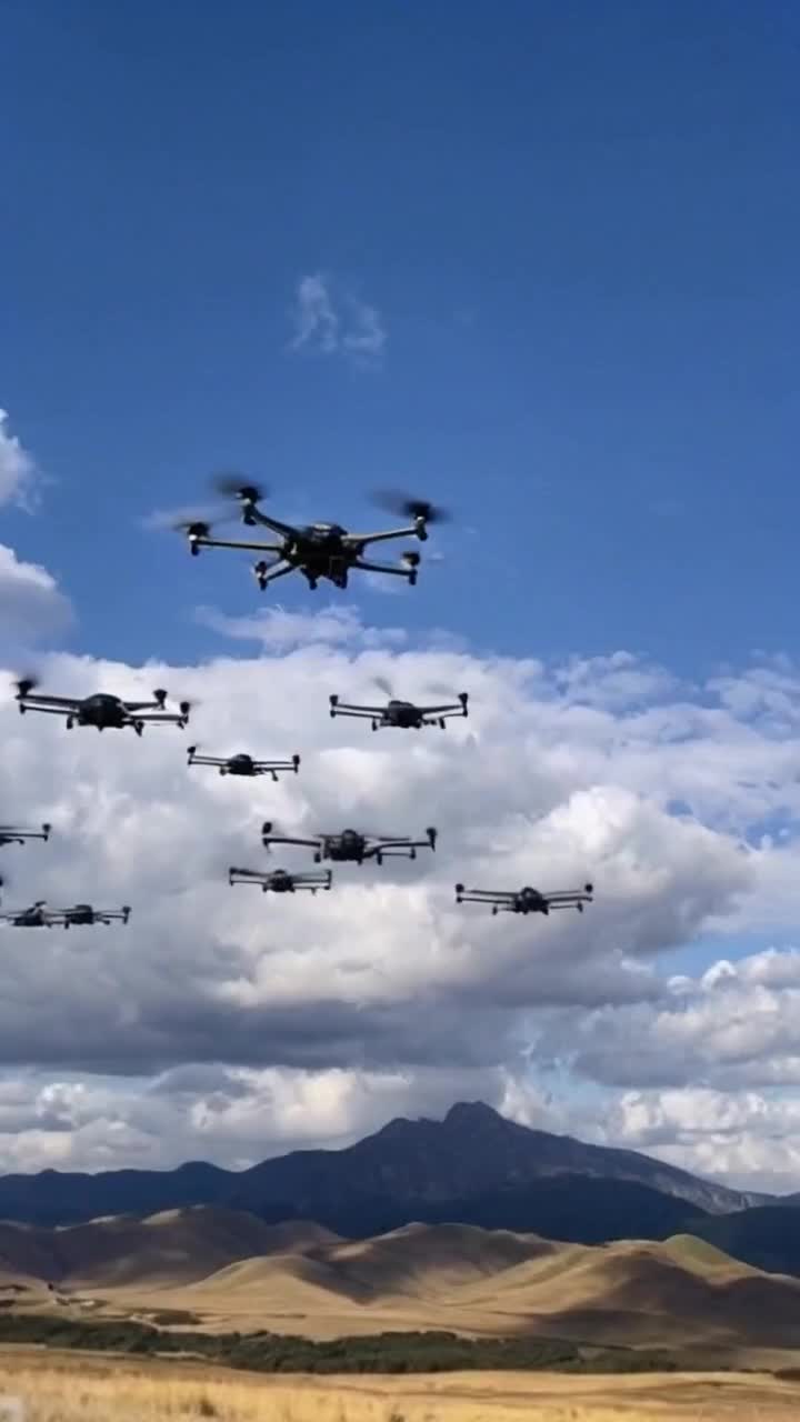 A swarm of drones rocketing in the sky flying high skyrockets and firing off missile jets soaring 