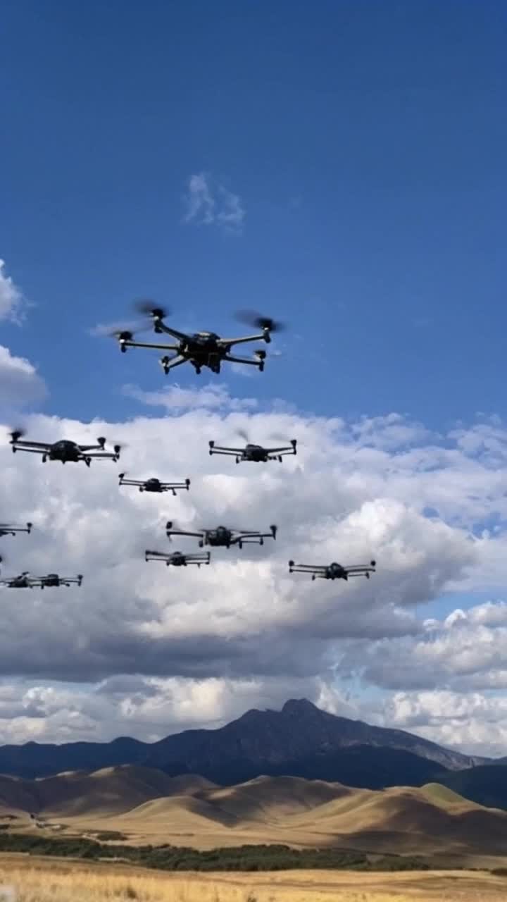 Swarm of sleek drones glinting in sunlight soaring into azure sky slicing through fluffy white clouds. Drones perform intricate synchronized maneuvers darting expertly in formation showcasing military precision. Below vast landscape with rolling hills bathed in golden hues while distant mountains loom majestically