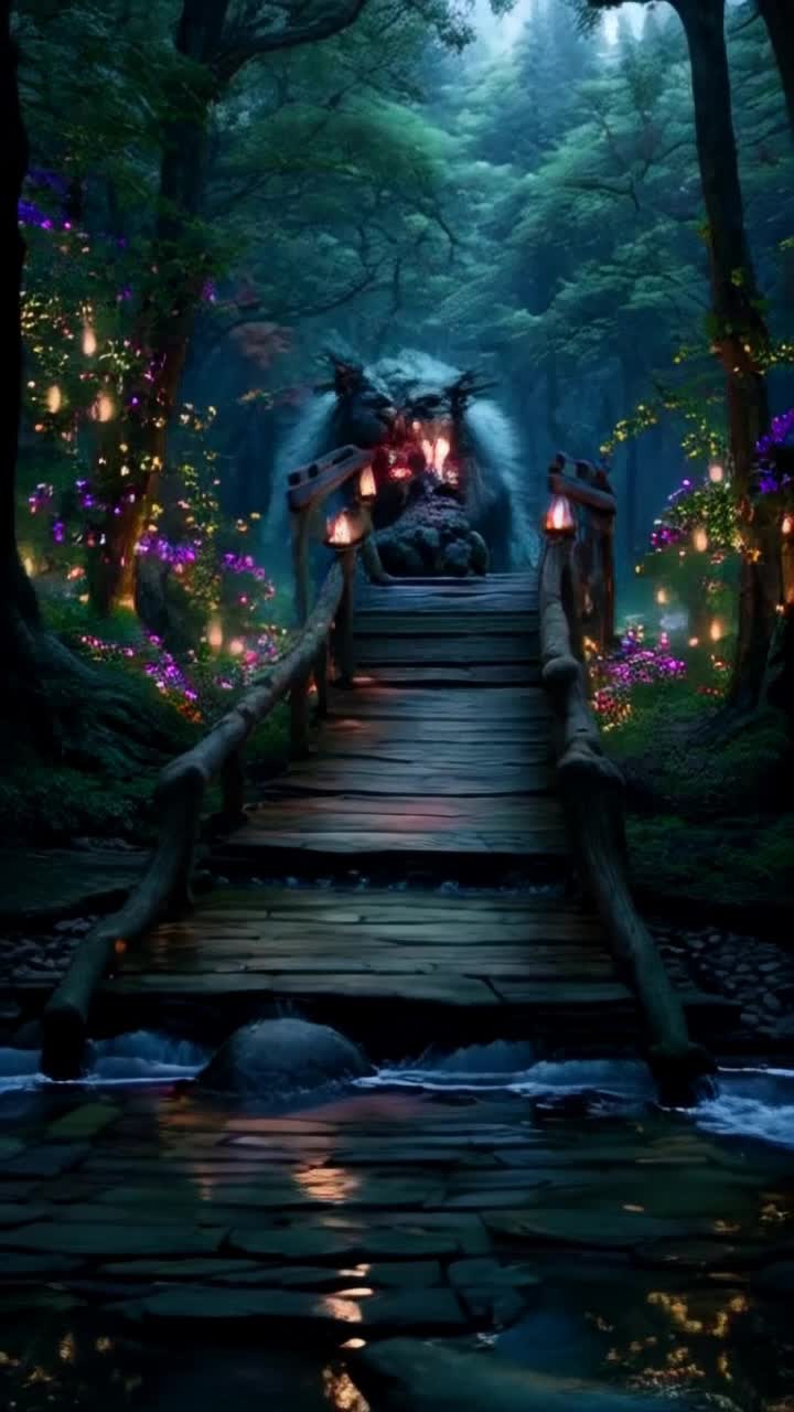 Footbridge adorned with glowing flowers and shimmering lights enchanted by a mystical aura TROLL towering menacingly with a wide grin as he blocks access to the bridge mockingly laughing at frustrated travelers Below a sparkling stream flows gently reflecting the vibrant colors of the forest casting dancing shadows 