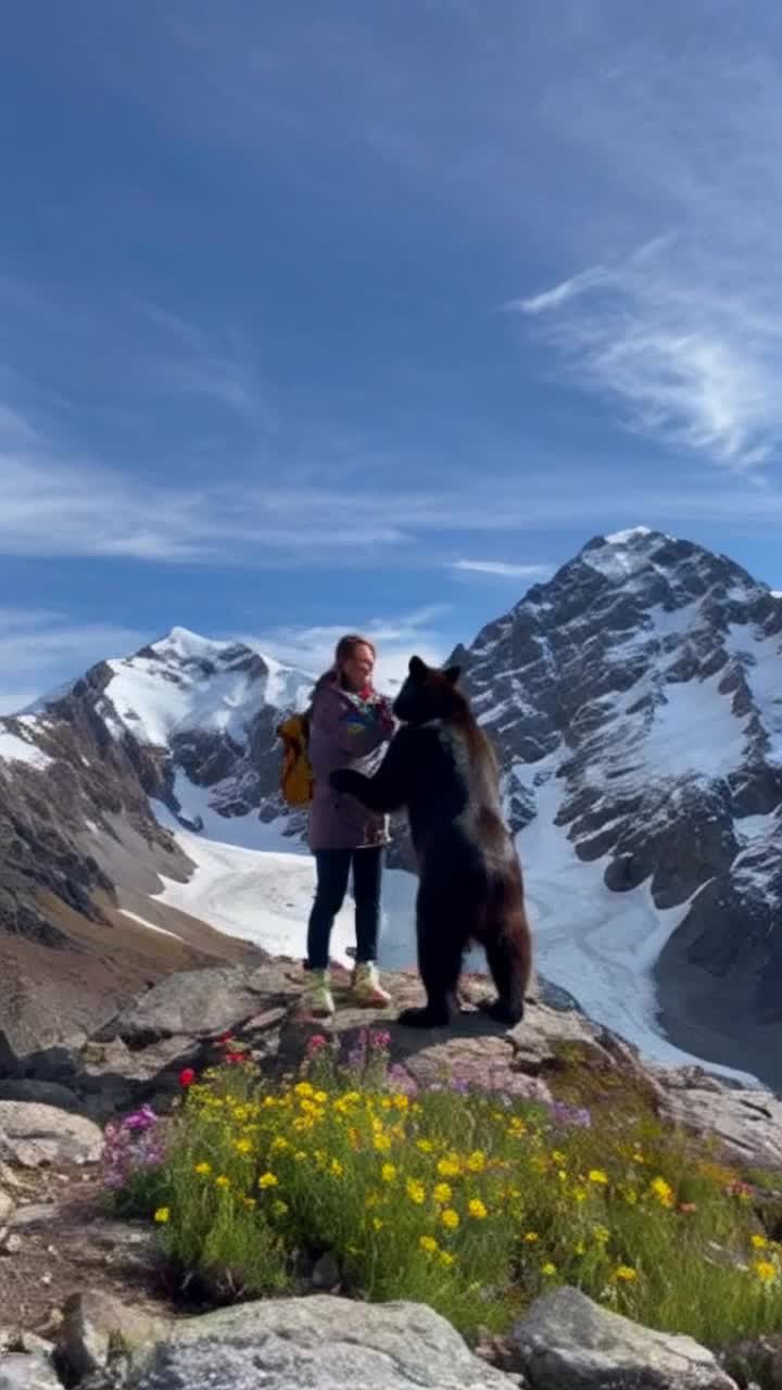 Two adventurous friends standing atop majestic snowcapped mountains sharing laughter as they soak in the breathtaking scenery Wild bear approaches with gentle curiosity leaning in to give a surprising affectionate kiss amidst vibrant wildflowers swaying softly in the cool breeze Underneath a brilliant blue sky with wispy clouds casting playful shadows on rocky peaks