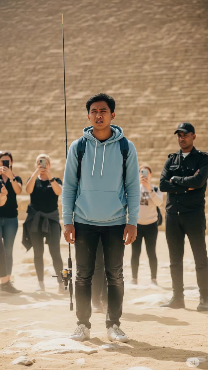 A cinematic front shot of the man standing still near the Great Pyramid, looking disappointed and frustrated as the guard points him away His fishing rod is hanging down, shoulders slumped Behind him, tourists murmur and take pictures Some kids point and laugh Strong afternoon sunlight, dry wind blowing sand, high contrast shadows, realistic movement in clothes, slightly handheld camera for realism and tension